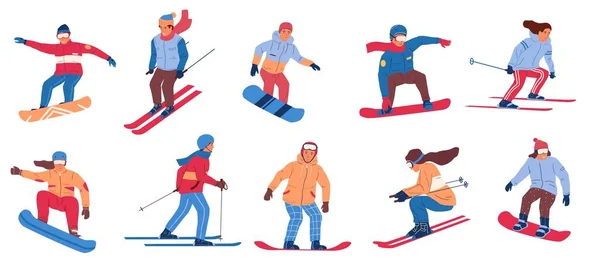 Skifahrer und Snowboarder. Zeichentrickfiguren in Winterbekleidung beim Wintersport. Vektor-Bergski und — Stockvektor