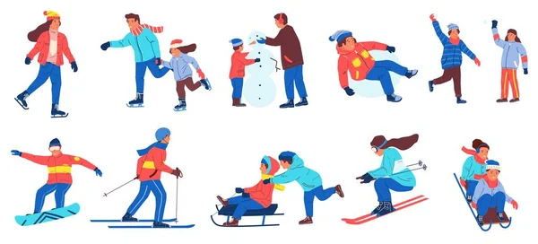 Actividades de invierno. Personajes de dibujos animados para adultos y niños que juegan bolas de nieve esquiando y haciendo actividades de invierno. Vec — Vector de stock