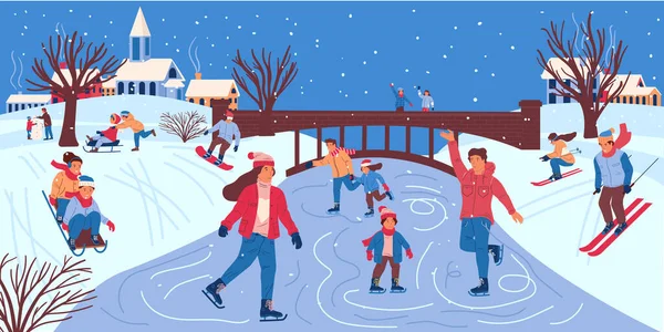 Gente en el parque de invierno. Hombres y mujeres patinando sobre hielo del río congelado. Lindos niños en trineo y haciendo muñeco de nieve, esquí para adultos y snowboard. Ciudad paisaje, área de recreación vectorial — Vector de stock