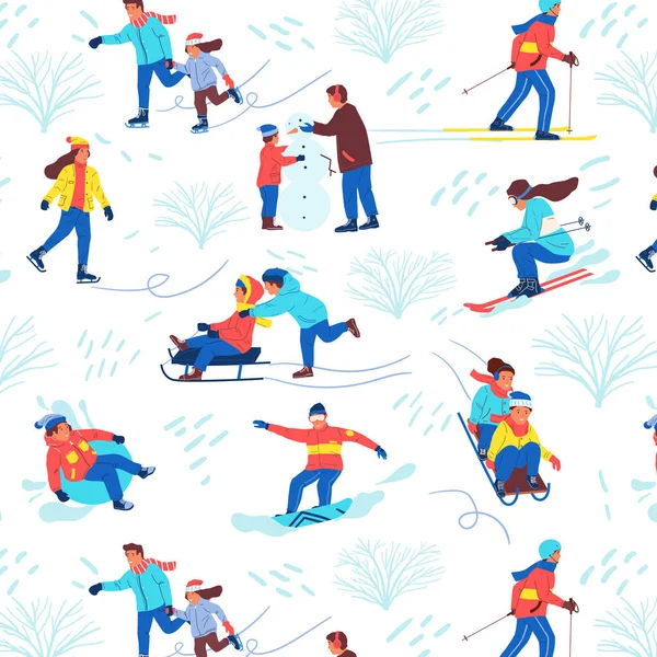 Kış parkı modeli. Spor oyunları oynayan çizgi film karakterlerinin kusursuz dokusu. Erkekler ve kadınlar kayak yapıyor, snowboard yapıyor veya paten kayıyor. Kayak yapan ve kardan adam yapan çocuklar, vektör geçmişi — Stok Vektör