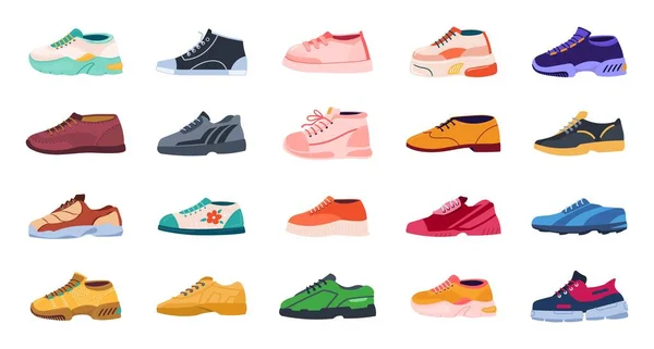 Cartoon schoeisel. Moderne schoenen voor mannen en vrouwen. Verzameling van sport of casual footgear. Klassieke en kleurrijke sneakers ontwerp, winkel reclame plakkaat. Warme knusse laarzen, vectorset — Stockvector