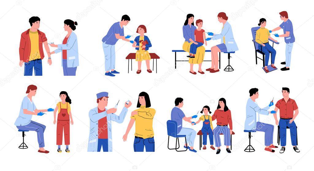 Vaccination. Cartoon doctors make injection of vaccine, disease precaution for kids and adults. Medical workers with syringes. Men, women and children in consulting room, vector set