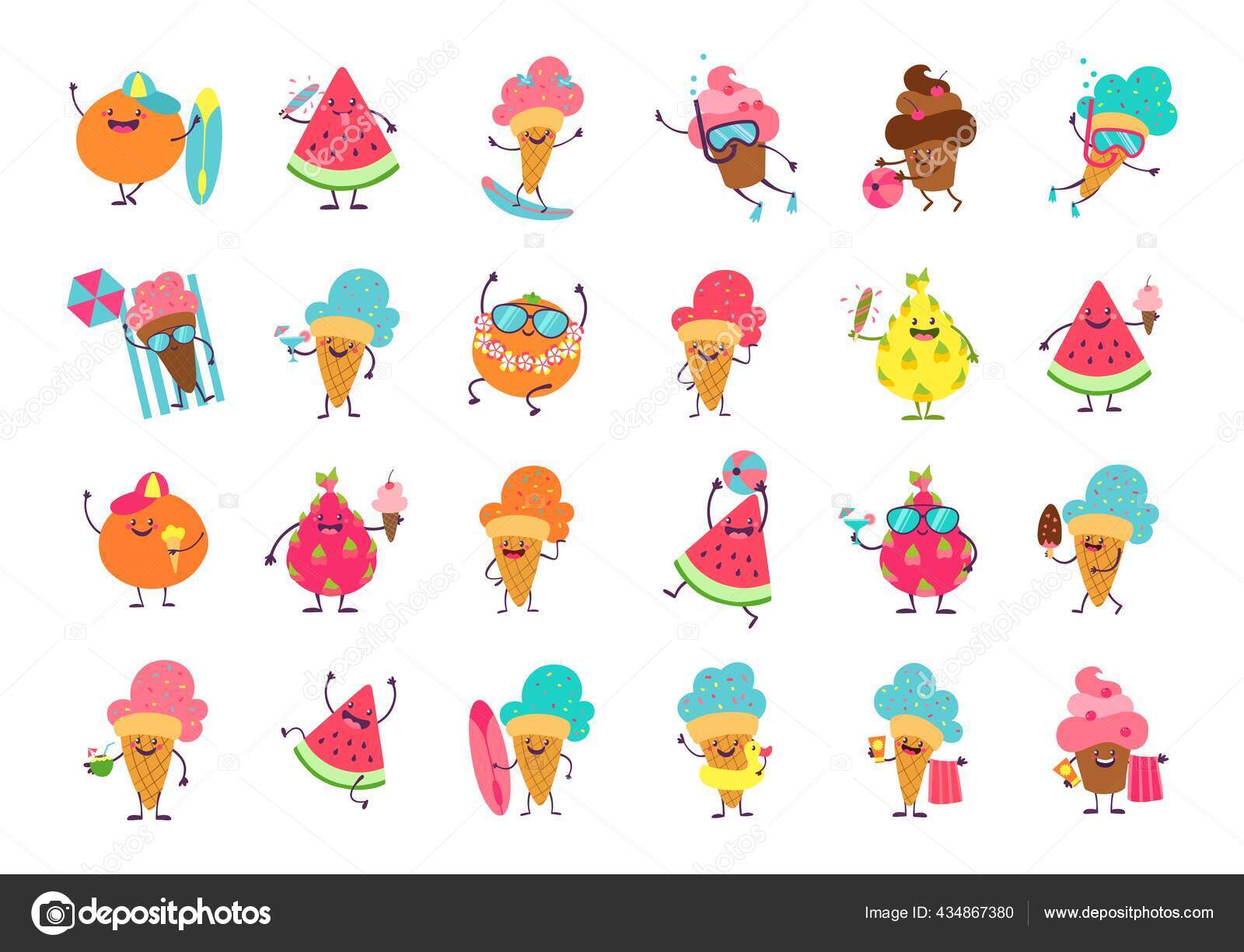 Ice cream funny stickers. Cartoon food mascot with anthropomorphic faces  and limbs. Isolated collection of cold desserts, fruits and berries or  cupcakes. Summer vacation, vector set Stock Vector Image by ©SpicyTruffel  #434867380
