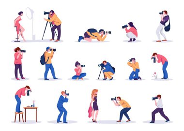 - Fotoğrafçılar. Çizgi filmdeki erkekler ve kadınlar fotoğraf çeker. Ünlülerin, mankenlerin, yiyeceklerin ya da bitkilerin fotoğraflarını çeken insanlar. Profesyonel kameralar ve stüdyo ekipmanları. Vektör paparazzi ayarlandı
