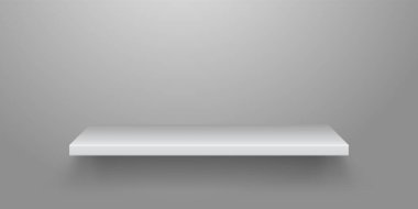 Gerçekçi kitaplık. Duvardaki boş raf. Minimalist mobilyalar, pürüzsüz yüzey. Ev, ofis ya da mağaza için modern raflar. Boş nesne ve gölge etkisi. Vektör odası içi