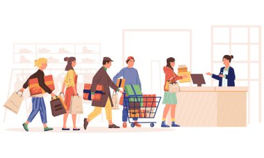 Alışveriş kuyruğu. Kasiyer kuyruğunda bekleyenler. Perakende mağazasında, alışveriş merkezinde veya süpermarkette çalışan kadın ve erkekler. Müşteriler elbise ve hediye alıyor. Vektör satıcıları ve alıcılar konsepti