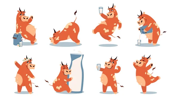 Vaca. Dibujos animados de la mascota vasos de leche y botella. Mamífero manchado posando, haciendo ejercicios o bailando. Adorable animal doméstico para productos lácteos logotipo y publicidad, juego de agricultura vectorial — Archivo Imágenes Vectoriales
