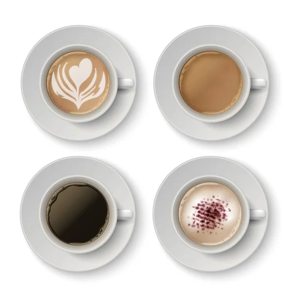 Kaffeetassen vorhanden. Realistischer Espresso, Latte oder Cappuccino. Weiße 3D-Becher und Untertasse mit Heißgetränk. Koffeingetränke, Zeichnungen auf Milchschaum. Menüdekoration Vorlage, Vektor Barista Set — Stockvektor