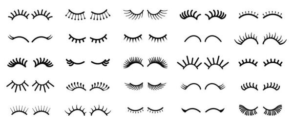Cartoon eye. Outline cute eyelashes. Contour minimalistic sketch of long curved female lashes. Decorative templates for girly prints. Advertising mockup for cosmetics. Vector isolated set