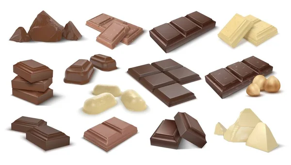 Dark and milky chocolate pieces. Realistic 3D cocoa dessert. Confectionery with nuts, sweet snack assortment. Candies from natural ingredients. Food product advertising, vector set — Διανυσματικό Αρχείο