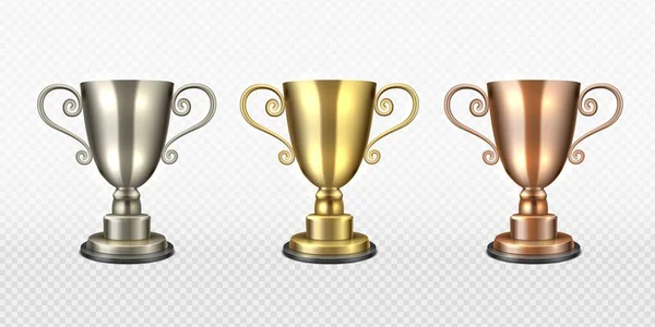Gold silver and bronze trophy cup. Realistic champion awards, first, second, third place, championship winners golden sports or music award ceremony, symbol of leadership vector set — Διανυσματικό Αρχείο