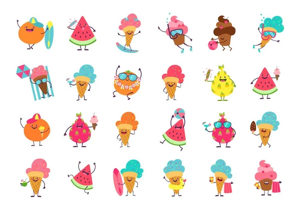 Adesivos engraçados de gelado. Mascote de comida de desenhos animados com faces e membros antropomórficos. Coleção isolada de sobremesas frias, frutas e bagas ou cupcakes. Férias de verão, conjunto vetorial — Vetor de Stock