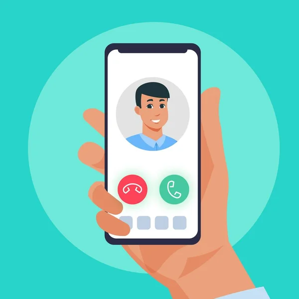 Incoming call. Cartoon hand holding ringing smartphone. Device touchscreen, minimalistic interface with buttons and photo of caller. Communication application. Vector mobile illustration — Διανυσματικό Αρχείο