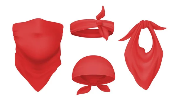 Rode bandana en buff. Realistische hoofdband en sjaal. Manieren om hoofd- en nekdoeken te dragen. Geïsoleerd gedetailleerd unisex accessoire. Glad textiel materiaal. Decoratieve halsdoek, vectorset — Stockvector
