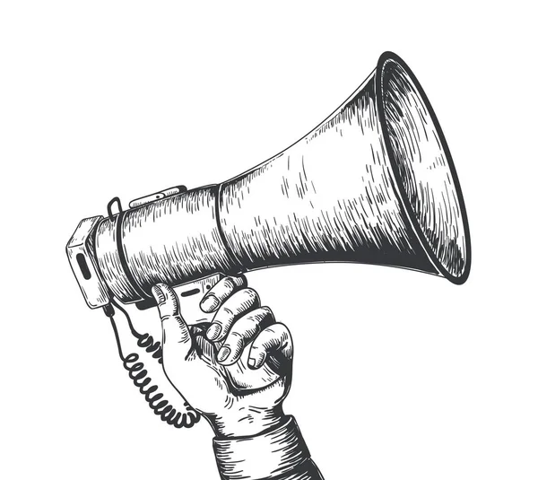 Retro hand drawn megaphone. Realistic sketch of loudspeaker. Man holding sound equipment in hands. Device for increase voice volume. Audio broadcasting. Vector engraving illustration — Διανυσματικό Αρχείο