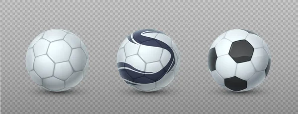 Спортивный мяч. Реалистичное футбольное оборудование. 3D объекты для активных игр на прозрачном фоне. Шаблоны логотипов футбольной лиги. Набор векторных черно-белых сфер — стоковый вектор