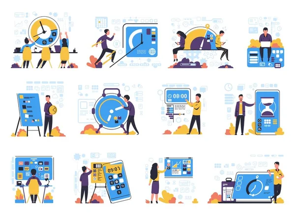 Concepto de gestión del tiempo. Flujo de trabajo de optimización de personas. Plazo y horario de control. Tecnologías para organizar actividades. Planificación de aplicaciones móviles. Trabajo de eficiencia, conjunto de vectores — Archivo Imágenes Vectoriales