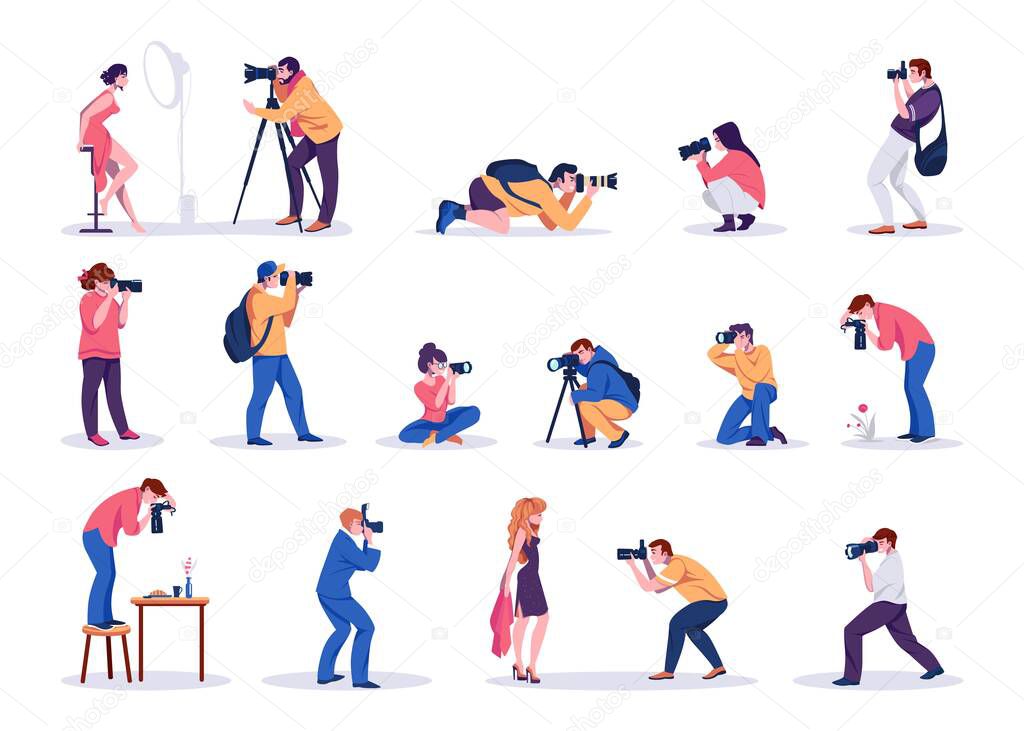 Photographers. Cartoon men and women shoot photographs. People taking pictures of celebrity and models, food or plants. Professional cameras and studio equipment. Vector paparazzi set