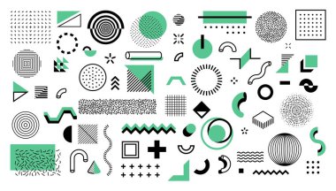 Minimum memphis şekilleri. Soyut geometrik grafik elementler, retro pop sanat yarım ton nokta figürleri. Vektör modern arkaplan