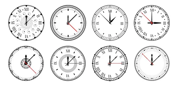 Mira la cara. Reloj círculo marcar con números flechas y flechas, cara moderna de tiempo redondo. Set aislado vectorial — Vector de stock