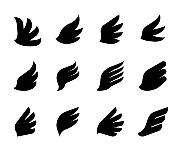 Ícones de asas. Águia falcão ou Phoenix logotipo pássaro mínimo, coleção de símbolos heráldicos clássicos, símbolos silhueta preta real. Modelo de tatuagem, adesivos ou emblemas conjunto isolado vetorial —  Vetores de Stock