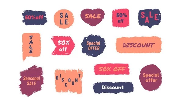 Grunge style promo badge. Sale banners or discount and special offer labels. Isolated shapes and lettering. Price reduce or seasonal promotions templates. Vector advertising prints set — Διανυσματικό Αρχείο