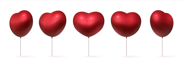 Realistic balloons. 3D red heart shaped. Holiday presents for valentines day. View from different angles. Inflated form with shadow and light reflection, vector set on white background — Stock Vector