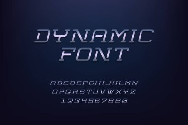 Alfabe. Minimalist yazı karakteri. İngilizce dilinin ve sayıların büyük harfleri. Büyük harf metin sembolleri koleksiyonu. Başlıklar için modern dinamik biçime sahip metalik yazı tipi, vektör kümesi