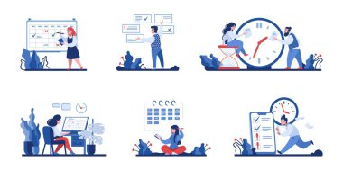 Zaman yönetimi sahneleri. Faaliyetler düzenleyen işçiler. Verimlilik işi konsepti. Planlama ve işaretleme tamamlanmış görevler veya program kontrolü. Çalışma akışı optimizasyonu, vektör meşgul insanlar ayarlandı