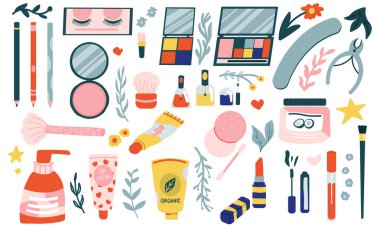 Çizgi film kozmetiği. El çizimi güzellik ürünleri. Şampuan ve losyon, rimel veya ruj. Makyaj ve vücut bakımı için koleksiyon. Göz farı paleti ve tırnak cilası, vektör minimumu küme