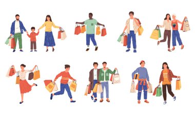 Alışveriş karakterleri. Mağazada perakende satış ve byers, indirimli alışveriş yapan çizgi film müşterileri. Alışveriş merkezi ve butikte alışveriş çantalı kadın ve erkekler, satışta olan vektör karakterler.