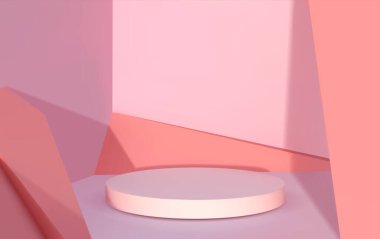 Soyut podyum. Gerçekçi 3D yuvarlak platform. Ürün reklamcılığı için boş kaide. Gölge örtüsü efektleri ve dekoratif duvar inşaatı olan sahne. Pembe renkte vektör gösterimi
