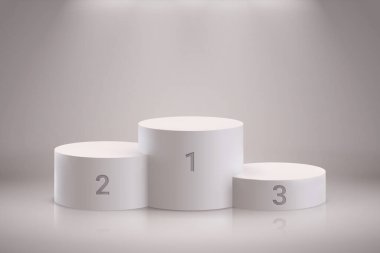 Kazanan kaidesi. Birinci ve üçüncü sıradaki gerçekçi 3D podyum, şampiyon platformu. Işık ve gölge efektleri, yansıma ve parlak zemin. Vektör ödül töreni için sahneye çıktı