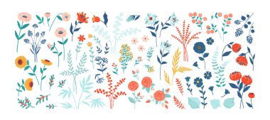 Çiçekler. Karikatür çiçekli dekoratif elementler, bahar ve yaz yeşili bitkiler. Çiçek açan otlar ya da beyaz arka planda güller. Renkli çiçek ve yeşillik, vektör botanik düz küme