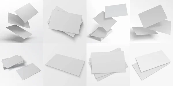 Visitenkarten-Attrappe. Realistische Leerstapel, Papierbögen und fliegende Seiten. Pappflieger liegen auf glatter Oberfläche. Visuelle Gestaltungselemente für die Präsentation mit Kopierraum, Vektorset — Stockvektor