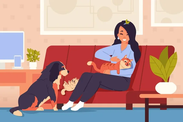 Woman at home with pets. Cartoon girl character relaxing on couch with orange striped cat, little kitten and friendly dog. Comfortable interior. Vector domestic animals in living room — Stock Vector