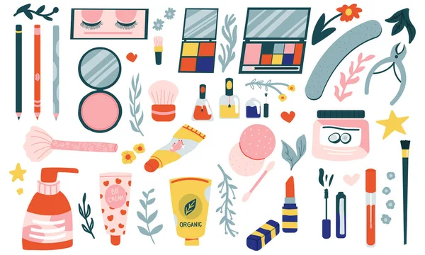 Tecknad kosmetika. Doodle handritade skönhetsprodukter. Schampo och lotion, mascara eller läppstift. Kollektion för makeup och kroppsvård. Ögonskuggspalett och nagellack, vektor minimal uppsättning — Stock vektor