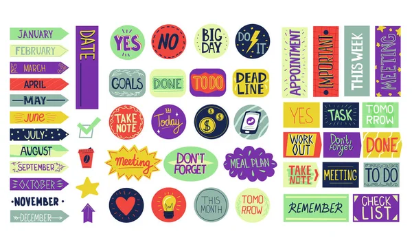 Stickers calendrier. Cartoon ordre du jour lettrage et des marques pour note de service et la motivation. Signes de jours ou de mois et modèles pour planificateur et calendrier. Décorations de journaux maquettes, ensemble vectoriel — Image vectorielle