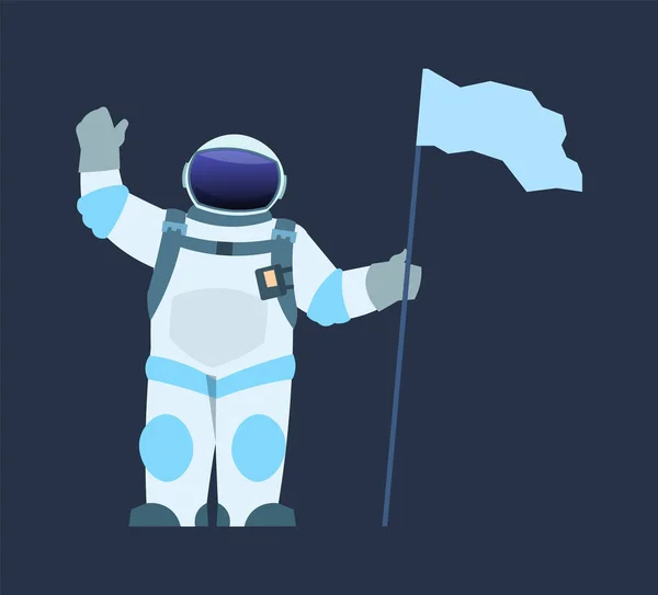 Astronaut med flagga. Tecknad rymdman viftar med handen och håller vimpel. Cosmonaut bär rymddräkt med hjälm. Interstellär resa och universum utforska. Vektor spacewalk illustration — Stock vektor