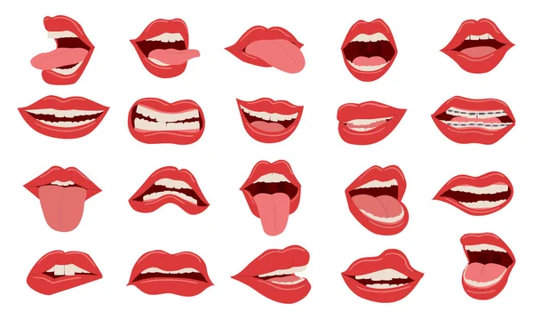 Tecknad mun. Kvinnlig röd öppnade och stängda läppar. Isolerade delar av mänskligt ansikte med vita tänder och sticka ut tungan. Känslor som uttrycker, skrattar och ler och ilska, vektor set — Stock vektor