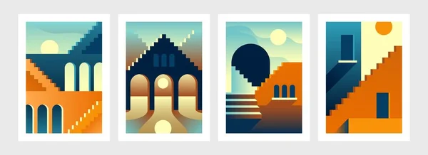 Carteles de escaleras de geometría. Banderas arquitectónicas contemporáneas con edificios orientales. Arcos y pasos mínimos. Superponiendo sombras y luces desde el atardecer o el amanecer. Conjunto de paisaje urbano vectorial — Vector de stock