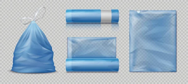 Realistic trash bags. 3D packages for waste, full and empty polyethylene garbage packs. Blue rolled disposable pockets on transparent background. Sacks for collect junk, vector set — Stock Vector