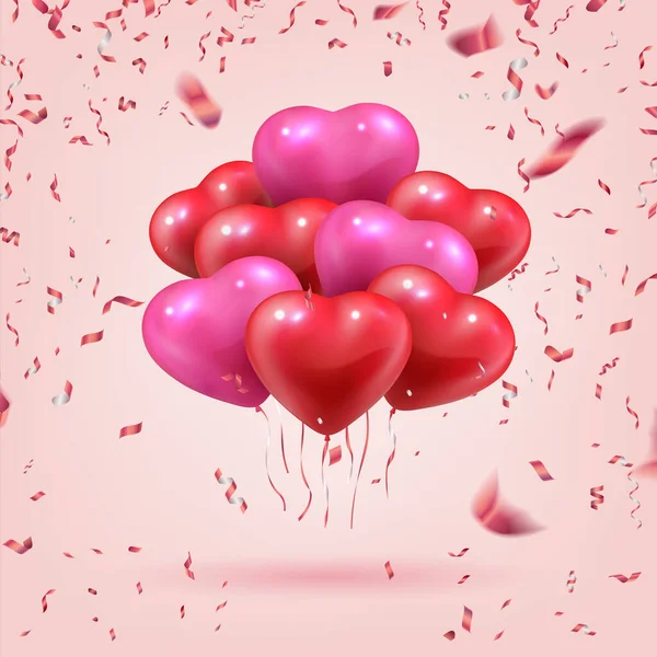 Flying heart shaped balloons. Realistic 3D bouquet for Valentine or mothers day. Holiday fun and congratulations. Romantic greeting decorative elements and confetti, vector illustration — Stock Vector