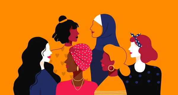 Empoderamento das mulheres. Desenhos animados de diferentes nacionalidades e religiões. Comunidade de poder feminino, união de irmandade. Equipe de solidariedade e apoio amigável, ilustração minimalista vetorial — Vetor de Stock