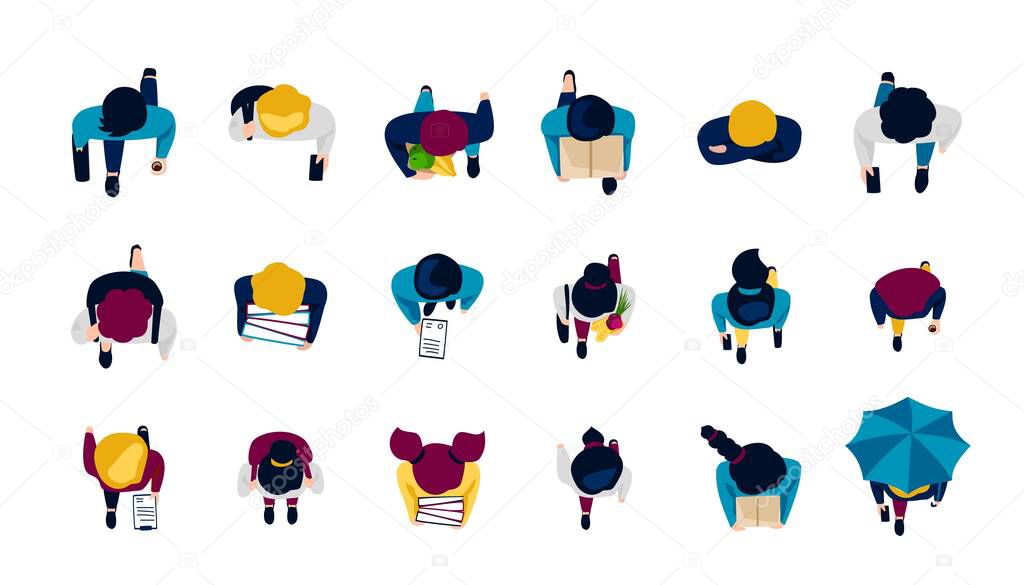 Top view on people. Cartoon men and women walking outdoor. Urban citizens going along with umbrellas and purchases or books. Cute persons holding cups of coffee and phones, vector set
