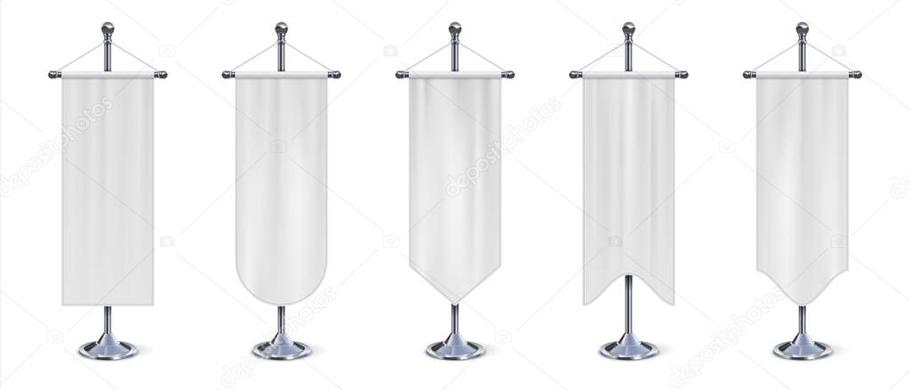 Vertical flag banner. Realistic hanging white cloth on chrome stand. Empty exhibition pennant, blank fabric signs for advertising. Collection of textile templates for logo and branding, vector set