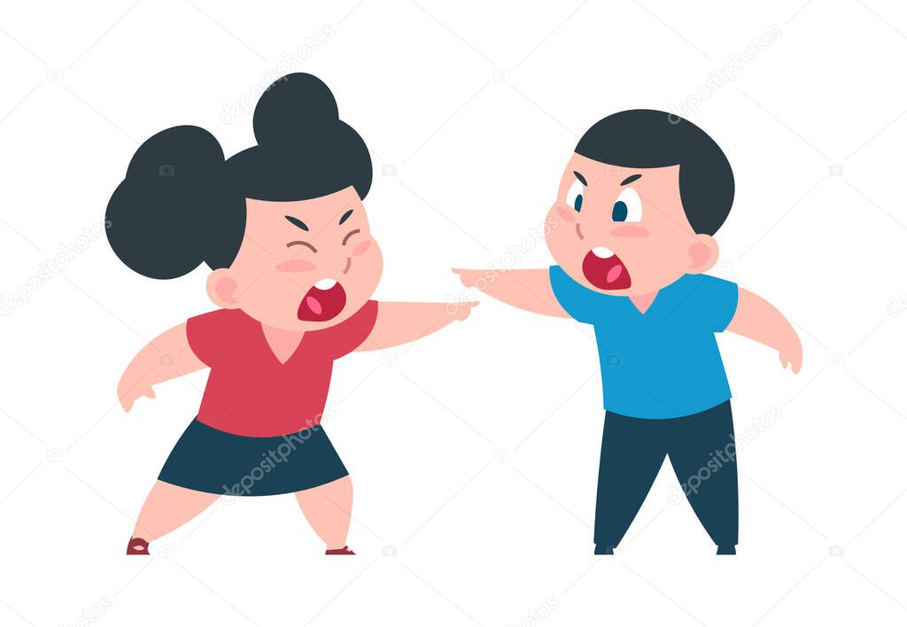Children quarrel. Cartoon boy and girl arguing, shouting and waving hands, pointing accusingly. Aggressive emotion expression, relationship conflicts. Kids behavior, vector illustration