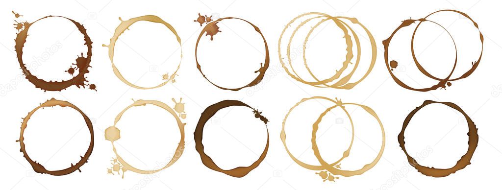 Coffee rings. Realistic round stains of tea cup. Isolated spilled dark beverage, traces of mug and splashing. Contour circle marks of cappuccino or espresso. Brown liquid trails, vector decorative set