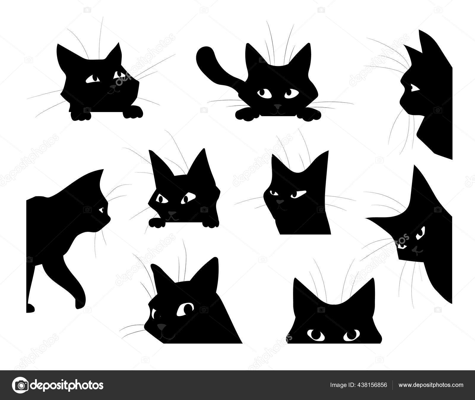 Icon black cats set cute pets in various poses with big green eyes isolated  vector illustration