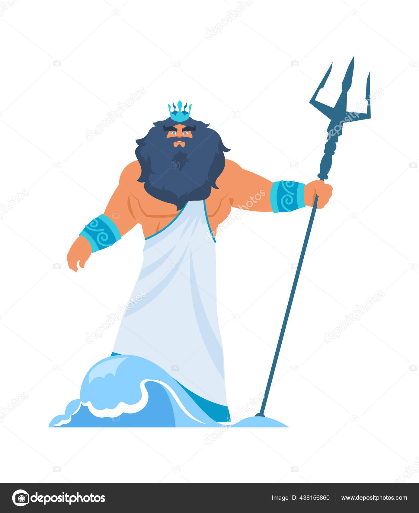 Poseidon or Neptune. Greek god. Bearded man in toga and crown with trident.  Lord of water or ocean in ancient mythology. Member of Olympic pantheon.  Vector antique religious character Stock Vector Image